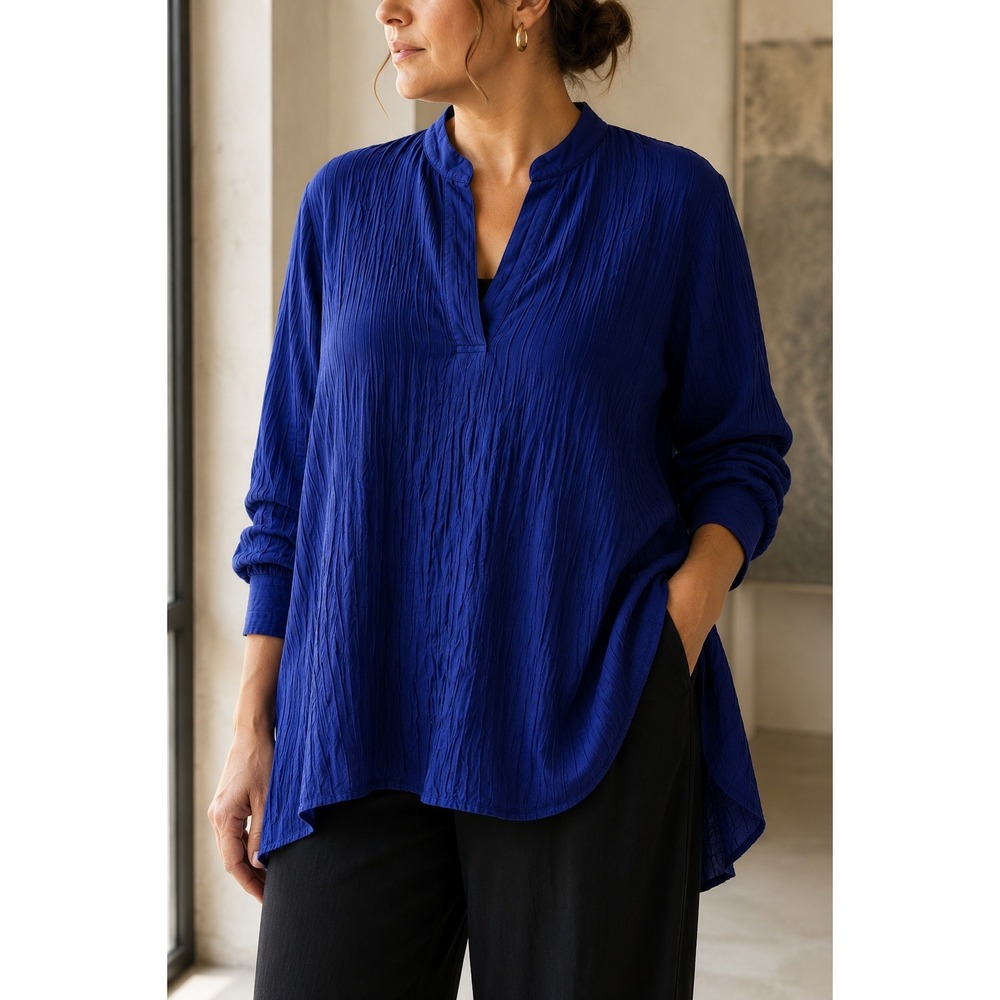 Eileen Fisher Mandarin Collar Textured 95% Silk Long Sleeve Tunic Blue 2X